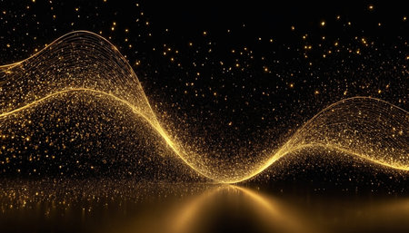 Abstract golden wave with particles on a dark background. 3d renderingの素材