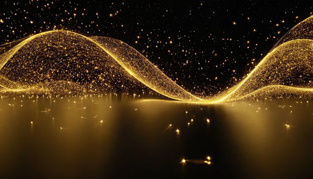 abstract golden wave on dark background, 3d rendering. Computer digital drawing.の素材