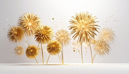 Golden fireworks on white background with space for text. 3D renderingの素材