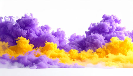 3d illustration of yellow and purple smoke in water on white backgroundの素材