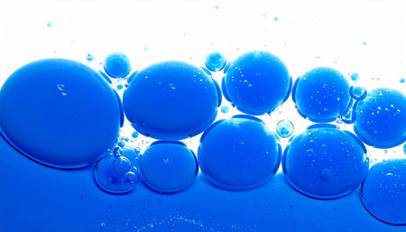 Blue bubbles on white background. Macro shot of oil bubbles in water.の素材