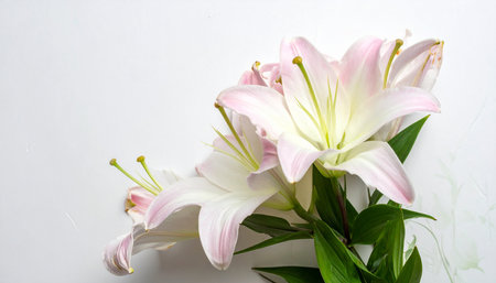 Pink lily flower bouquet on white background with copy space.の素材