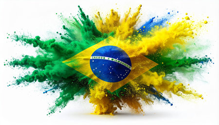 Explosion of colored powder, isolated on white background, Brazil flagの素材