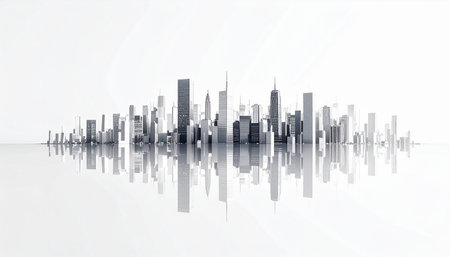 Modern city skyline with reflection on white background. 3D illustration.の素材