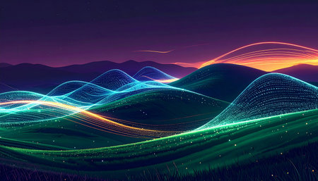 Futuristic landscape with hills and mountains at night. Vector illustration.の素材