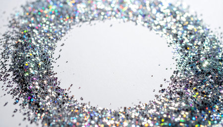 Silver glitter on white background with copy space. Shallow depth of field.の素材