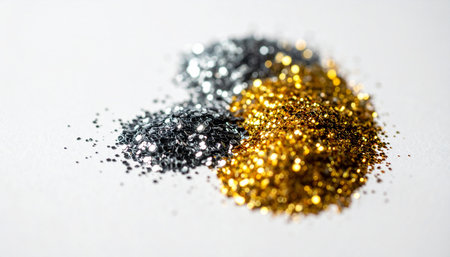 Golden, silver and black glitter confetti isolated on white background.の素材