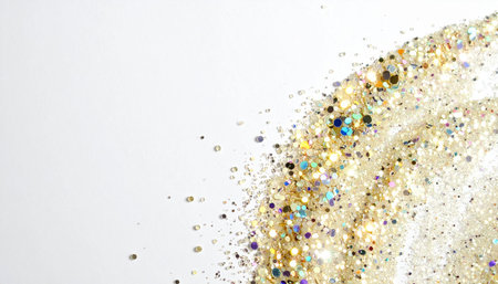 golden glitter sparkle confetti on white background. Holiday concept.の素材