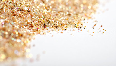 golden glitter on a white background close-up. shallow depth of fieldの素材