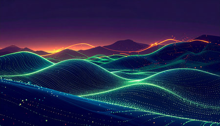 3D wireframe landscape. Futuristic background. 3d renderingの素材
