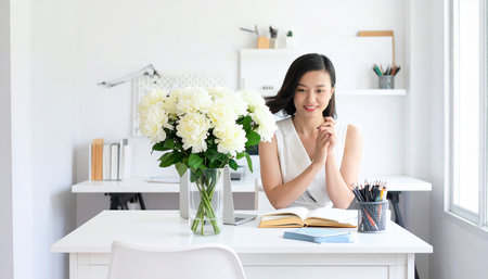 Portrait of beautiful asian woman sitting at table in office.の素材