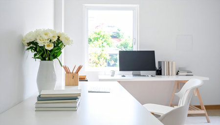 White table with computer, books and vase of flowers in modern officeの素材