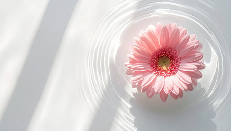 Pink gerbera flower floating in water on white background with shadowの素材