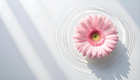 Pink gerbera flower on white background with shadow. Flat lay, top viewの素材