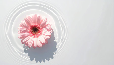 Pink gerbera flower on white background with water ripples.の素材