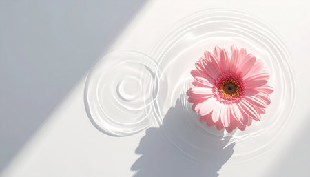 Pink gerbera flower floating in water on white background with shadowの素材