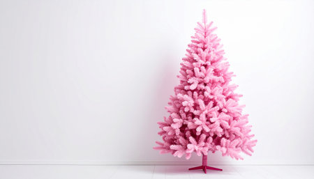 Pink artificial Christmas tree on a white wall background with copy space.の素材
