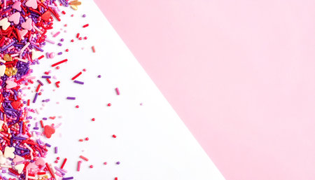 Colorful sprinkles on pink and white background with copy space.の素材
