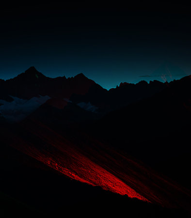 Mountain landscape at night with red light. 3D illustration.の素材