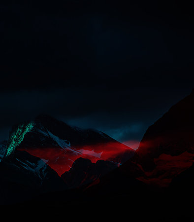 Mountain landscape at night with bright red light. Himalayas, Nepalの素材