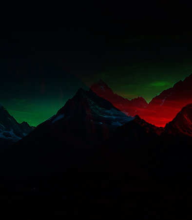 Mountain landscape with snow covered peaks and valleys. 3d renderの素材