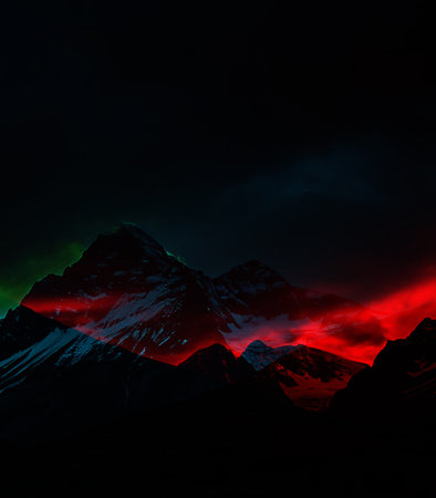 Mountain landscape at night with red and blue lights. 3D renderingの素材