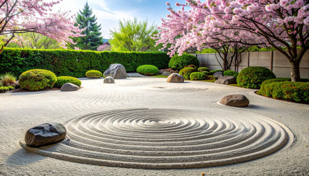 Japanese garden with cherry blossom and stone circle in spring time.の素材