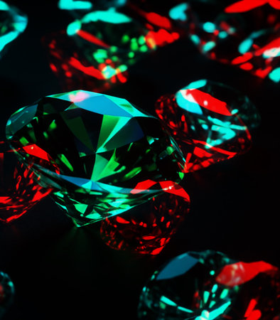 Diamonds of different colors on a black background close-up.の素材