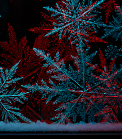 Frosty pattern on the window glass. Blue and red backgroundの素材