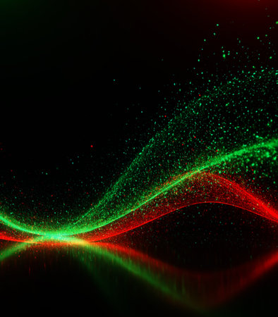 abstract background with glowing particles and lines in green and red colorsの素材