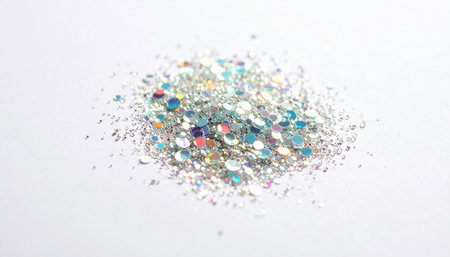 Shiny sequins on a white background. Shallow depth of field.の素材