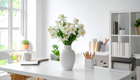 White daffodils in vase on white table in officeの素材