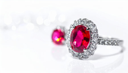 Jewelry ring with red sapphire on a white backgroundの素材