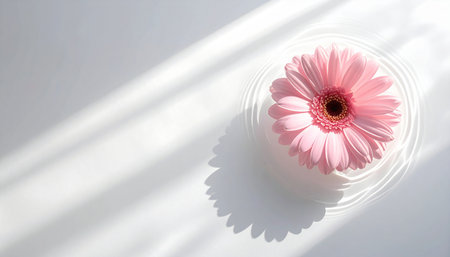 Pink gerbera flower on white background with sunlight and shadows.の素材