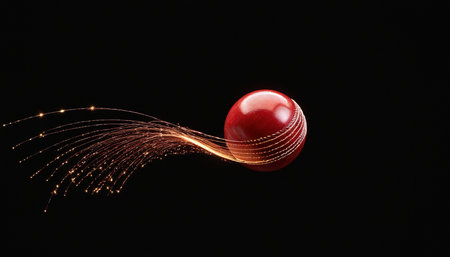 A red cricket ball flying on a black background with a trail of fireの素材