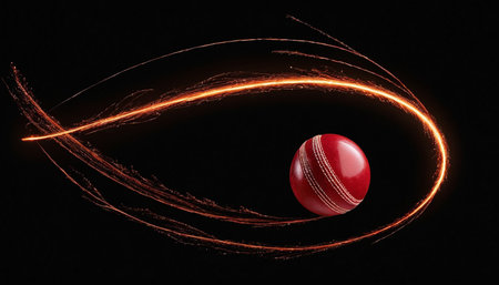 Cricket ball with a trail of light on a black backgroundの素材