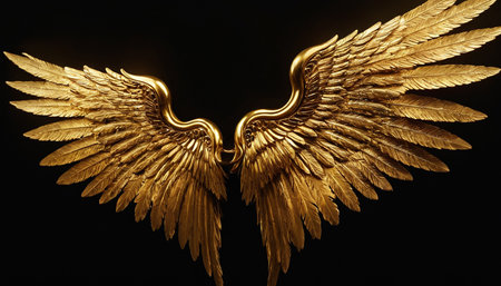 golden wings isolated on black background. 3d rendering illustration.の素材