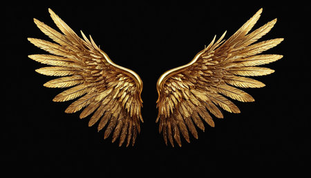 Gold wings on a black background. 3d rendering, 3d illustration.の素材
