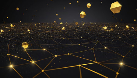 Abstract 3d rendering of chaotic polygonal space low poly wireframe. Futuristic background with connecting dots and lines.の素材