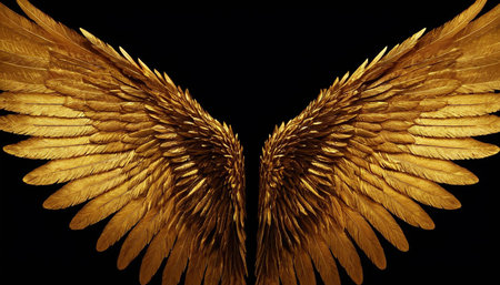 Golden wings isolated on black background. 3d rendering, 3d illustration.の素材
