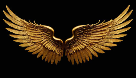 Golden wings isolated on black background. 3d rendering. Computer digital drawing.の素材