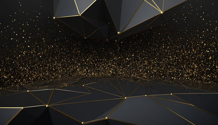 Abstract 3d render of black polygonal background with golden lines. Futuristic technology style.の素材
