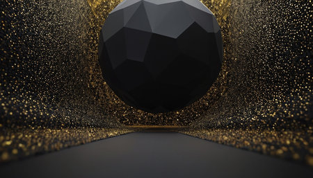 Black abstract low polygonal sphere with gold particles. 3d render illustrationの素材
