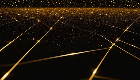 Abstract golden lines on black background. Futuristic technology concept. 3D Renderingの素材