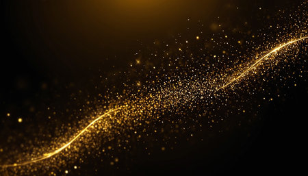 Gold glittering particles on black background. Vector illustration for your designの素材