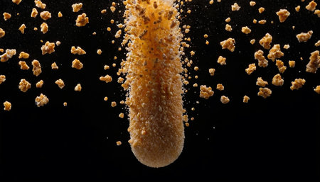 Crispy crumbs of brown sugar on a black background.の素材