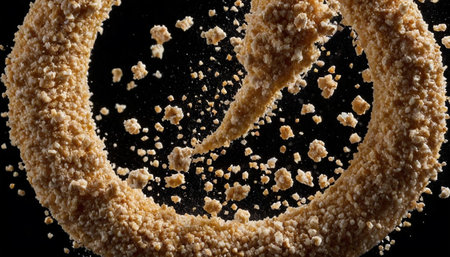 Sesame seeds flying in the air on a black background. Macroの素材