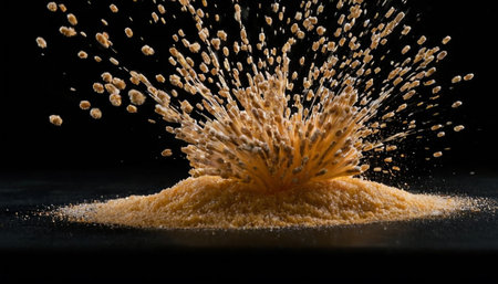 pile of wheat grains falling into the air on a black backgroundの素材