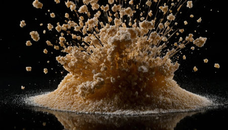 splashes of brown sugar on a black background, close-upの素材