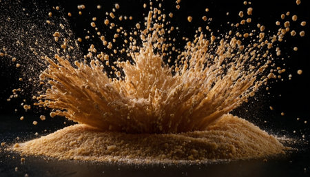 Splash of wheat grain on a black background. 3d renderingの素材